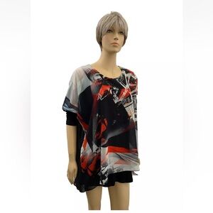 DARKWIN Black Top Tunic Oversized Geometric Print Long Sleeve Size-M